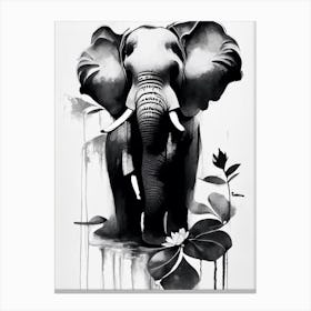 Elephant And Lotus 1 Symbol Black And White Painting Canvas Print