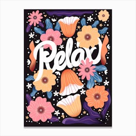 Relax Hand Lettering With Flowers Om Dark Background Square Canvas Print