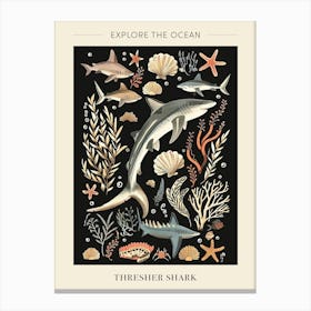 Thresher Shark Seascape Black Background Illustration 1 Poster Canvas Print