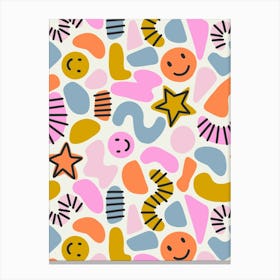 Happy Smiles and Abstract Shapes Multicolor Collage Stampe su tela