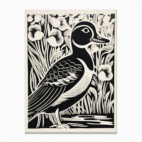 B&W Bird Linocut Wood Duck 1 Canvas Print