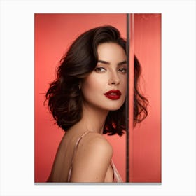 Portrait Of A Woman With Brown Eyes Red Lips Against A Ros Background Caught In A Full Profile Vi Canvas Print