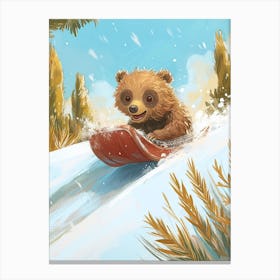 Sloth Bear Cub Sledding Down A Snowy Hill Storybook Illustration 3 Canvas Print
