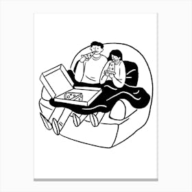 Couple Sitting On Couch Eating Pizza Leinwandbild