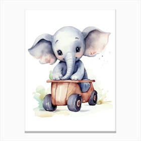 Baby Elephant On Toy Car, Watercolour Nursery 2 Canvas Print