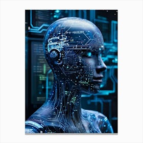 Abstract Painting Of A Cybernetic Human Head Integrating Seamlessly With A Futuristic Security Conce Canvas Print