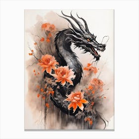 Japanese Dragon Abstract Flowers Painting (22) Canvas Print
