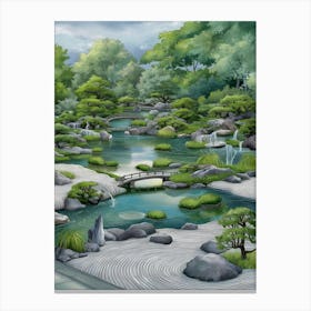 Japanese Garden - peaceful depiction of a zen garden with a tranquil pond and flowing water features 1 Canvas Print