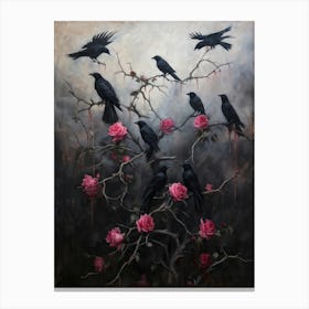 Dark Atmospheric Gothic Oil Painting Capturing Seven Black Crows Perched Upon Tangled Thorny Branc Canvas Print