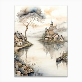 Village By The Water House Landscape Natural Nature Canvas Print