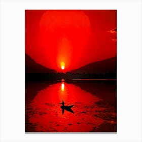 A Man Sits On His Boat While Fishing During Sunset At Dal Lake In Srinagar On June 16, 2020 Canvas Print