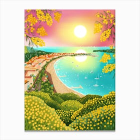 Europe France Cannes Provence Bay View of Beach and Sea and Bright Yellow Mimosa blooming in February. Canvas Print