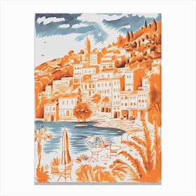 Italy, Portofino Cute Illustration In Orange And Blue 1 Canvas Print