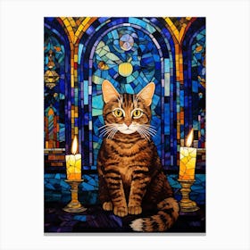 Stained Glass Of Cat With Candles In Medieval Church Canvas Print