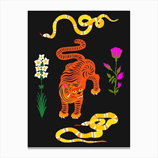 Tiger And Snakes Flowers Canvas Print