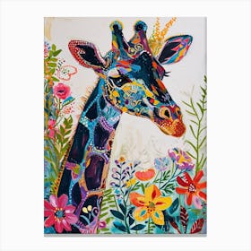 Colourful Giraffe With Flowers 1 Canvas Print