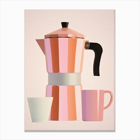 Italian Coffee Maker And Mugs Illustration Pink Background Canvas Print
