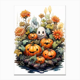 Cute Bedsheet Ghost, Botanical Halloween Watercolour 35 Canvas Print