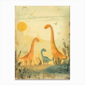 Dinosaur Family In The Sunset Storybook Style Canvas Print