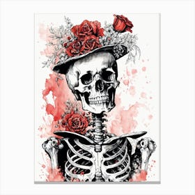 Floral Skeleton With Hat Ink Painting (13) Canvas Print