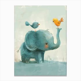 Small Joyful Elephant With A Bird On Its Head 13 Canvas Print