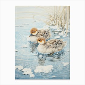 Ducklings In The Icy Water Japanese Woodblock Style 1 Canvas Print
