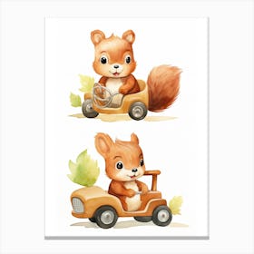 Baby Squirrel On A Toy Car, Watercolour Nursery 3 Canvas Print