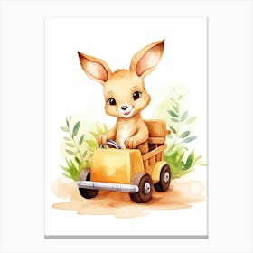 Baby Kangaroo On Toy Car, Watercolour Nursery 0 Canvas Print
