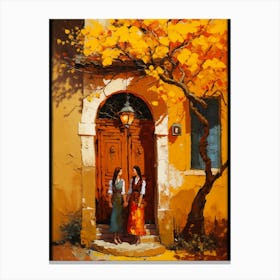 Two Women In Front Of A Door Canvas Print