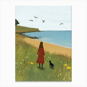 A Girl Walking dog by the Sea Canvas Print