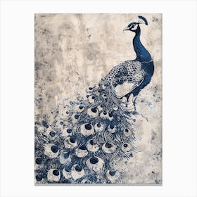 Peacock Rustic Linocut Inspired Canvas Print
