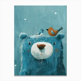Small Joyful Bear With A Bird On Its Head 10 Canvas Print