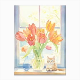 Cat With Tulip Flowers Watercolor Mothers Day Valentines 1 Canvas Print