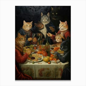 Medieval Cat Banquet Romanesque Oil Painting Inspired Canvas Print