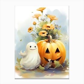 Cute Ghost With Pumpkins Halloween Watercolour 85 Canvas Print