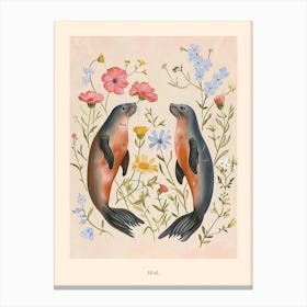 Folksy Floral Animal Drawing Seal 4 Poster Canvas Print