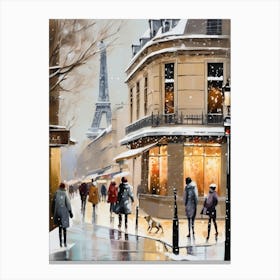 Paris cafes, winter season, Christmas, autumn oil colors, pale colors, pedestrians in the street, winter clothes, falling snow.2 Canvas Print