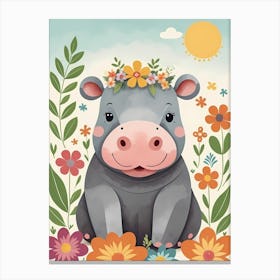 Floral Baby Hippo Nursery Illustration (33) Canvas Print