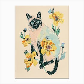 Cute Burmese Cat With Flowers Illustration 3 Canvas Print