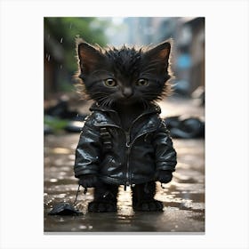 Black Cat In Raincoat Canvas Print