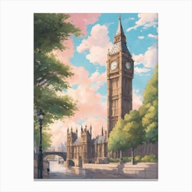London Big Ben Landmark Ghibli Style Sunny Cool Tones Canvas Print