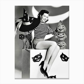 Pinup Sexy Witch Posing With Carved Pumpkins Canvas Print