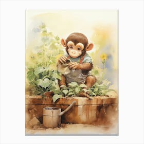 Monkey Painting Gardening Watercolour 1 Canvas Print