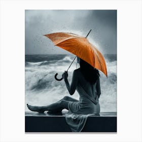 Orange Umbrella In The Rain Canvas Print