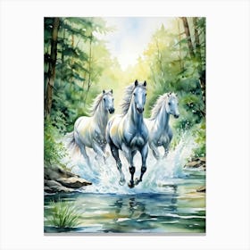 Surreal Water Horses Majestically Galloping Along The Silvery Path Of A Wild Stream Clear Rushing W Canvas Print