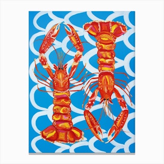 Langoustines On Blue Wavey Canvas Print
