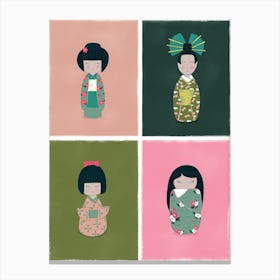 Kokeshi Dolls Pink Green Canvas Print