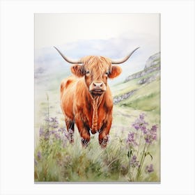 Cloudy Highland Cow In A Wildflower Field Canvas Print