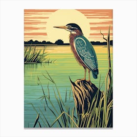 Vintage Bird Linocut Green Heron 2 Canvas Print