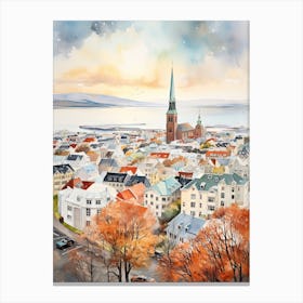 Reykjavik Iceland In Autumn Fall, Watercolour 1 Canvas Print